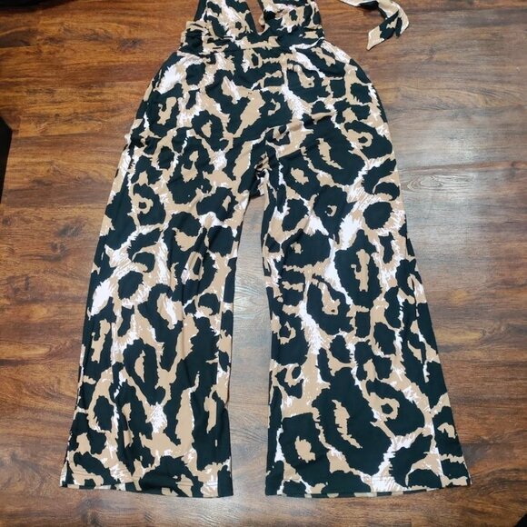 Diane Von Furstenberg Stylish Leopard Print Halter Neutral Jumpsuit Size Large - Picture 8 of 14